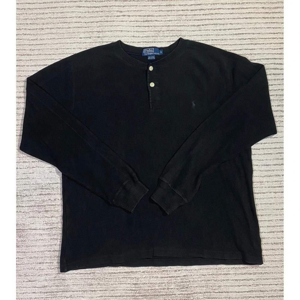 Polo Ralph Lauren Mens Black Cotton Long Sleeve Henley Shirt Vintage Size M